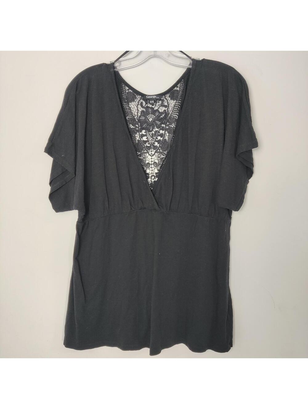 George Black Lace Inset V-Neck Short Sleeve Top XL Goth